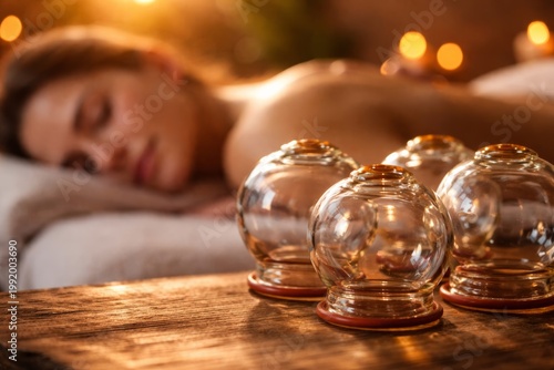 Cupping Therapy Cups in Relaxing Spa Setting with Warm Light