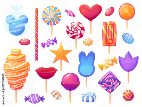 Sweet candies. Lollipops, caramel, chewing gums in wrappers. Striped candy, sweet spiral stick. Different bonbons, glazed sugar caramels nowaday vector set
