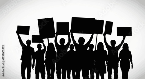 A crowd of silhouetted people holding blank signs aloft against a bright, gradient background