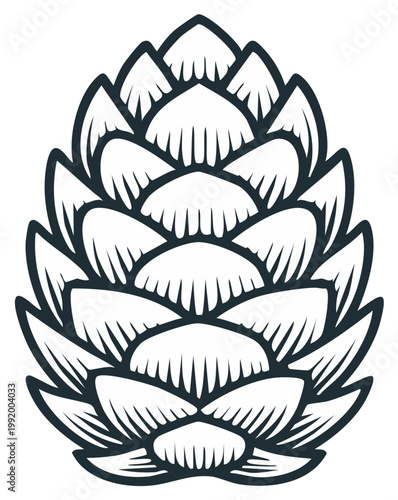 Stylized monochrome hop cone illustration, vector graphic for craft beer, brewery logos, and brewing design
