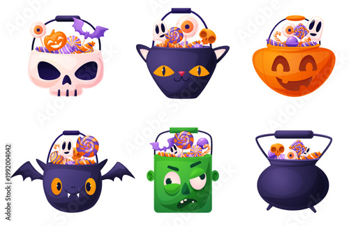 Halloween sweet buckets. Trick or treat collection, witch pot, pumpkin, skull, troll or zombie head bucket. Different sugar caramel and festival lollipops, nowaday vector set