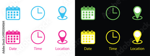 Colorful Event Info Icon Set Modern Date, Time, and Location Symbols for Creative Designs.