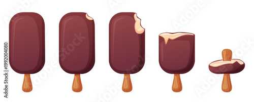 Biting ice cream step by step. Eating sweet dessert glazed chocolate. Tasty creamy popsicle with milk or dark choco. Bite cartoon food, nowaday vector concept