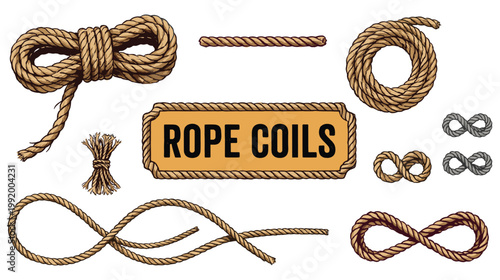 Rope coils knots and bundles various types of twine and cordage for crafts.