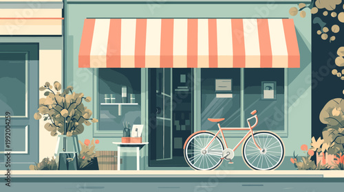 A serene illustrated storefront with a striped awning, plants, and a bicycle on the sidewalk