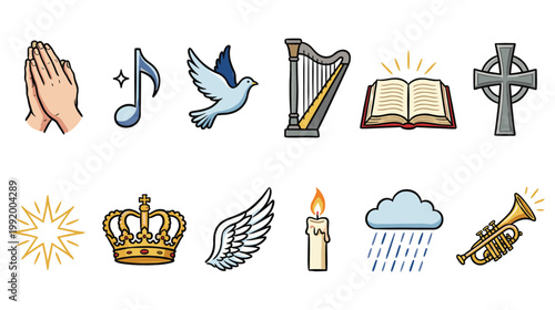 Religious symbols and music icons for worship and celebration, vector collection.