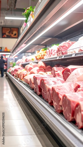 A vibrant display of fresh cuts of meat inside a well-lit grocery store refrigerated case. Various types are neatly arranged