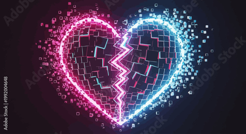 Neon heart breaking apart in two colors.