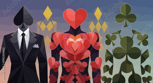 Illustration of poker card characters in suits.