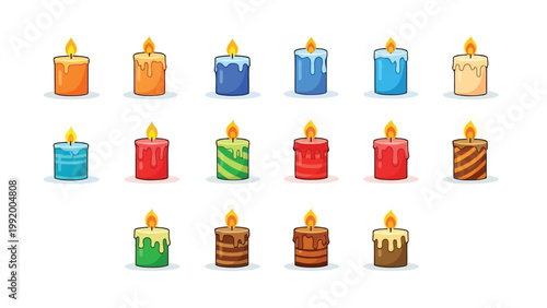 Colorful assortment of stylized candles in various designs and colors