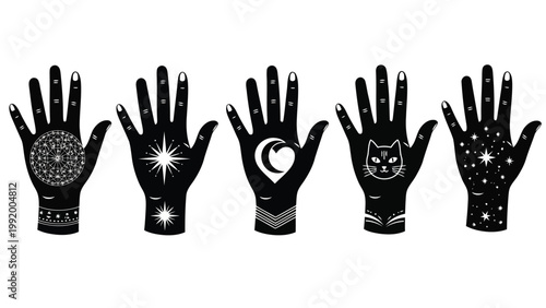 Five hands displaying mystical and celestial symbols in black and white contrast