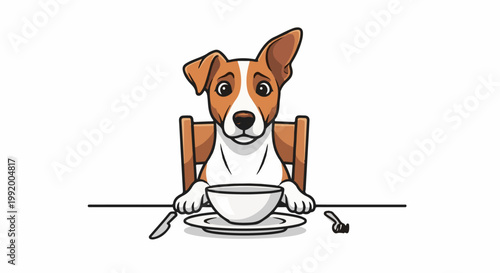 A curious dog sits at a table with a bowl of food, ready to eat