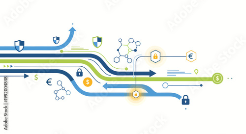 financial security concept with shields, locks, and currency symbols in modern flat design for business and technology