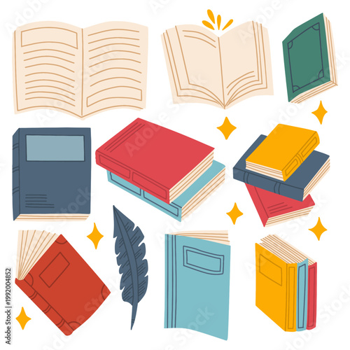 Collection of hand drawn books and quill pen illustrations perfect for  education, literature, library and reading isolated