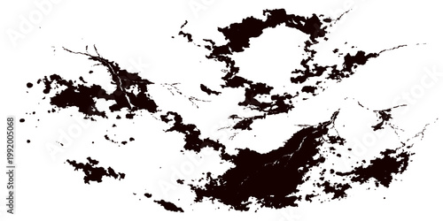 Black ink splat and grunge splashes create a dirty paint texture design with a spray splatter element and liquid blot stain pattern on a vector art frame