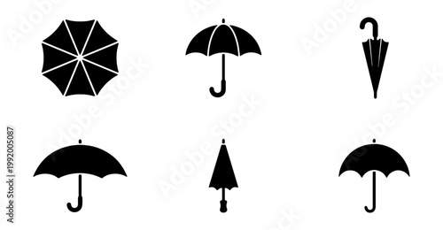 Black umbrella icons, vector graphics, rainy day symbols, weather signs