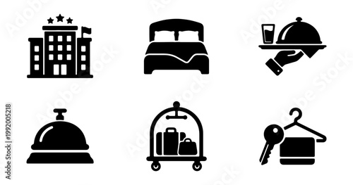 Hotel, Hospitality, Icons Set, 6 Black Symbols