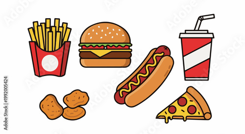 A collection of iconic fast food items, including a burger, hot dog, fries, nuggets, pizza, and a soda