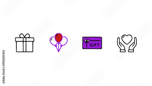 Minimal icons featuring gift box, balloons, and celebration elements.