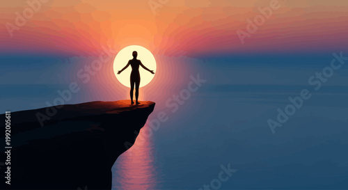 Silhouette of a person on cliff edge at sunset over water.
