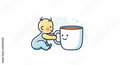 A cute baby in a blue outfit reaches for a smiling mug of warm drink
