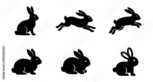 Rabbit silhouette set, 6 black bunny icons, jumping and sitting hare vector