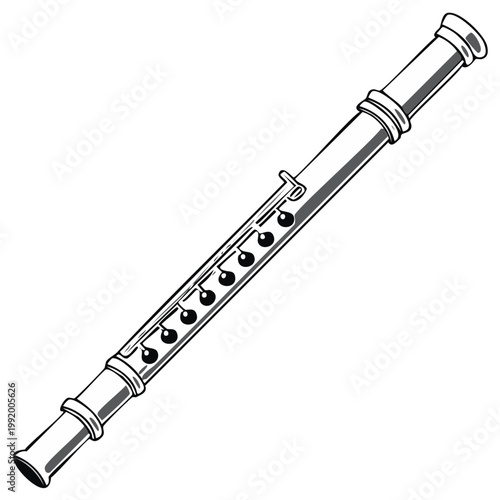 Black and white illustration of a recorder musical instrument on a white background.