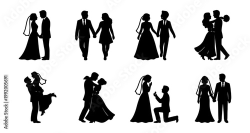 Wedding couple silhouettes, 8 bride and groom icons, marriage vector set