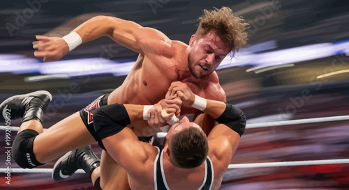 Two wrestlers competing in a match.