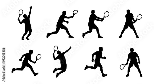 Tennis player silhouettes set, 8 athlete vector icons, sports action poses