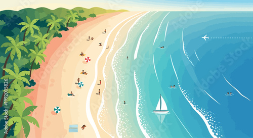 A serene beach scene with people relaxing.