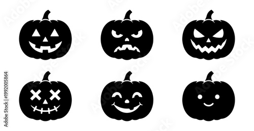 Halloween pumpkin icons, spooky jack o lantern faces, 6 black vector set