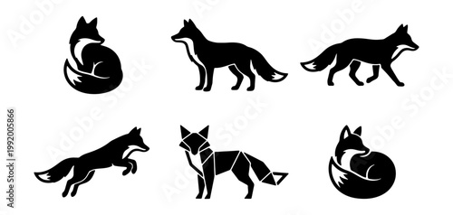 Minimalist fox silhouette icons, 6 geometric fox vector set, wild animal logos