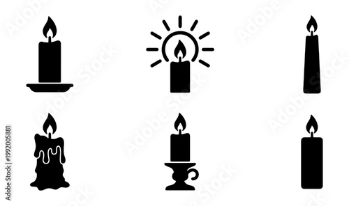 Candle icon set, black wax candle silhouettes, 6 burning flame vector signs