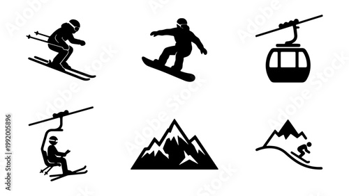 Skiing and snowboarding icons, winter mountain resort vector set, 6 elements