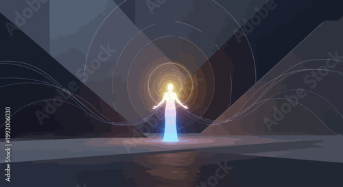 a glowing human figure standing in a futuristic environment with abstract lines.