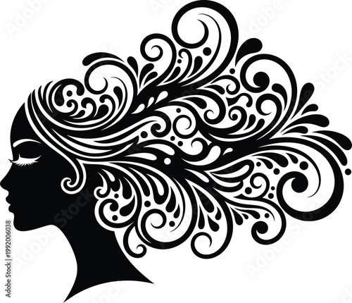 Black silhouette of a woman's head with ornate, swirling hair