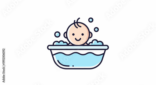 A cute cartoon baby happily takes a bath in a tub filled with bubbly water and splashes