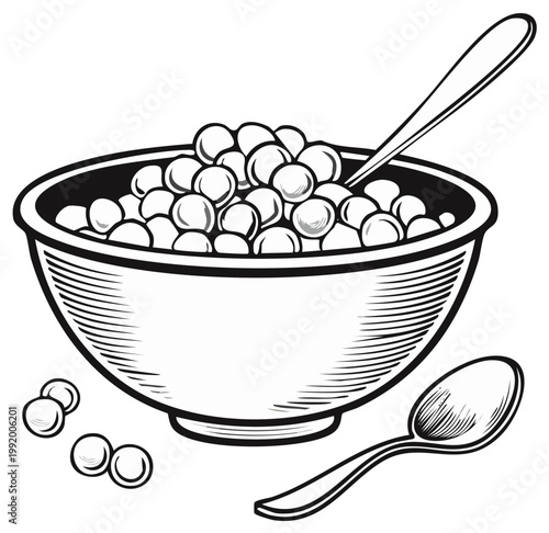 Line Art Illustration of a Bowl of Cereal with Spoon