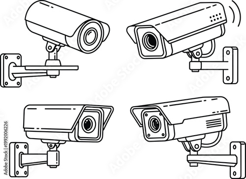 Four different security camera mounted on walls security cameras