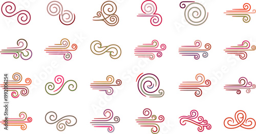 Red wind symbols, swirling lines and curves on white background
