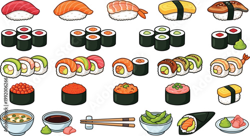 Sushi vector illustration set with nigiri maki rolls sashimi soy sauce chopsticks and Japanese food elements isolated on white background clean design