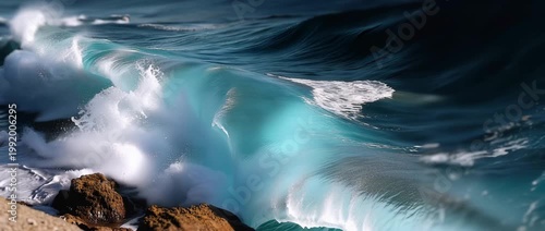 wave, ocean, sea, breaking wave, blue water, foam, splash, surf, seascape, water texture, motion, movement, marine, nature, closeup, dramatic light, turquoise water, sea foam, liquid, energy, power