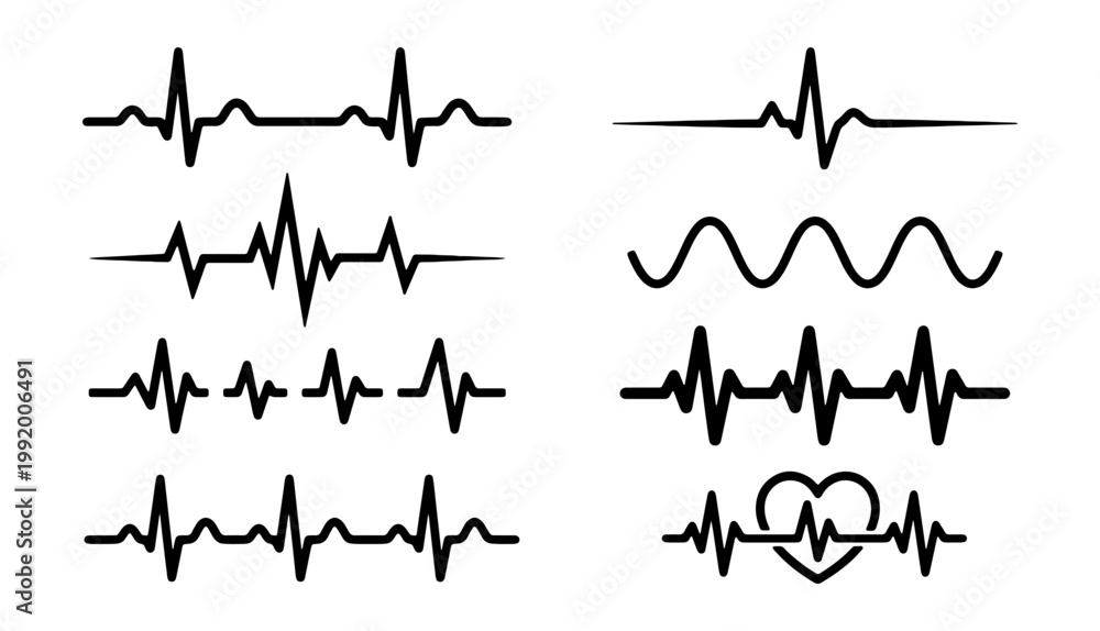 Fototapeta premium ECG heartbeat, cardiogram, medical icons, vector set