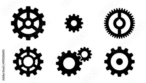 Mechanical gears, black icons, cogwheel set, industrial symbols