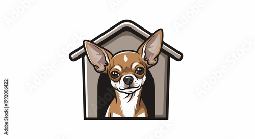A cute chihuahua dog peeks out from its house