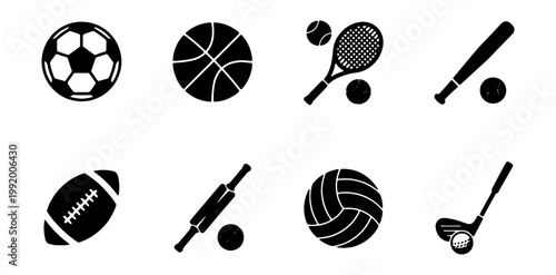 Sports Icons, Athletic Logos, Vector Symbols, Black Sports Equipment