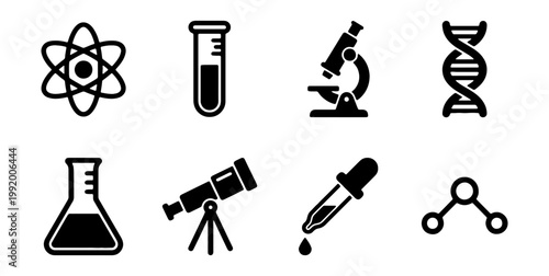 Science, laboratory, icons, 8 black vector symbols, biology, chemistry