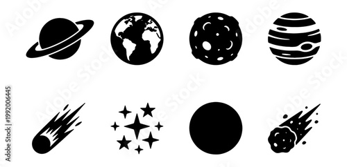 Space icons, planet symbols, astronomy graphics, celestial bodies