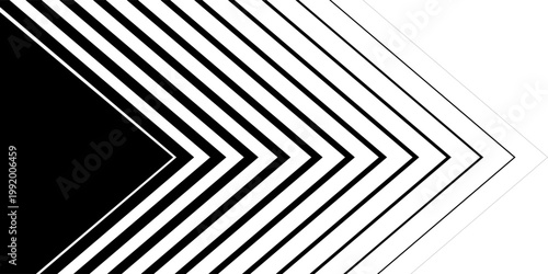 Minimalist Black and White Background with Right-Pointing Arrow. Striped Transition from Black Lines to White Abstract Solid Lines. Simple Pattern.